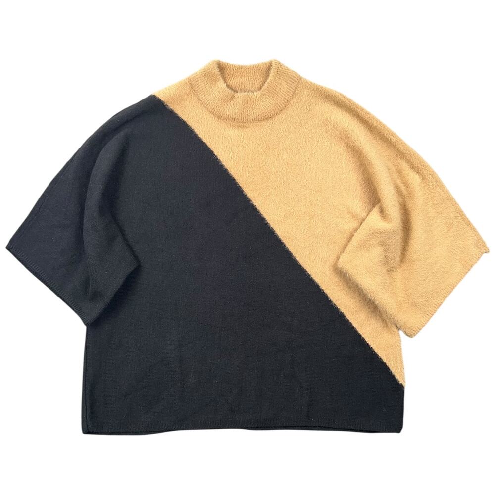 Alfani Colorblock Eyelash Sweater Black Tan Eyelash Knit Short Sleeve - L Petite